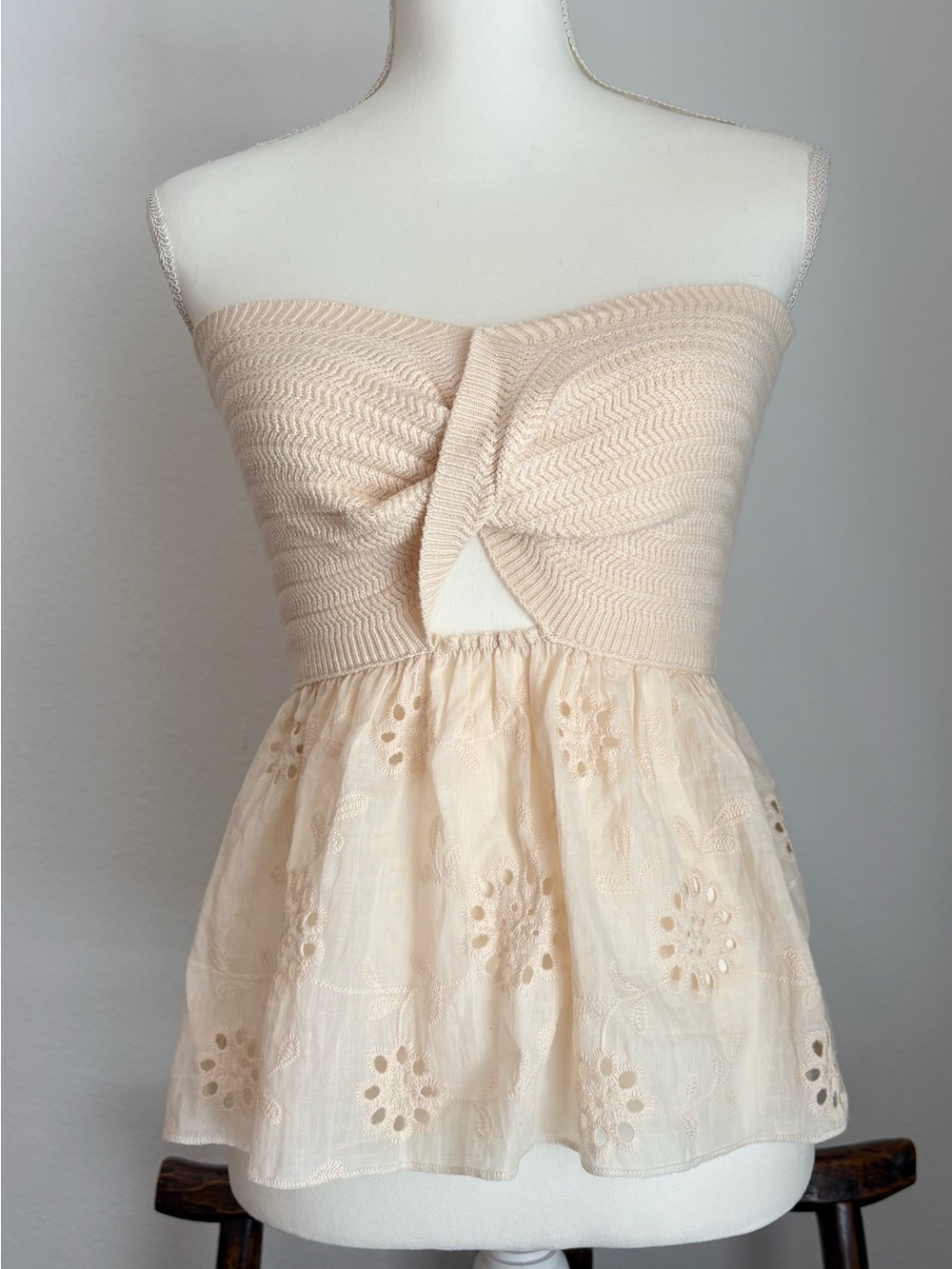 Cream Strapless Twist Front Peplum Eyelet Top Romantic Cottagecore Boho Festival